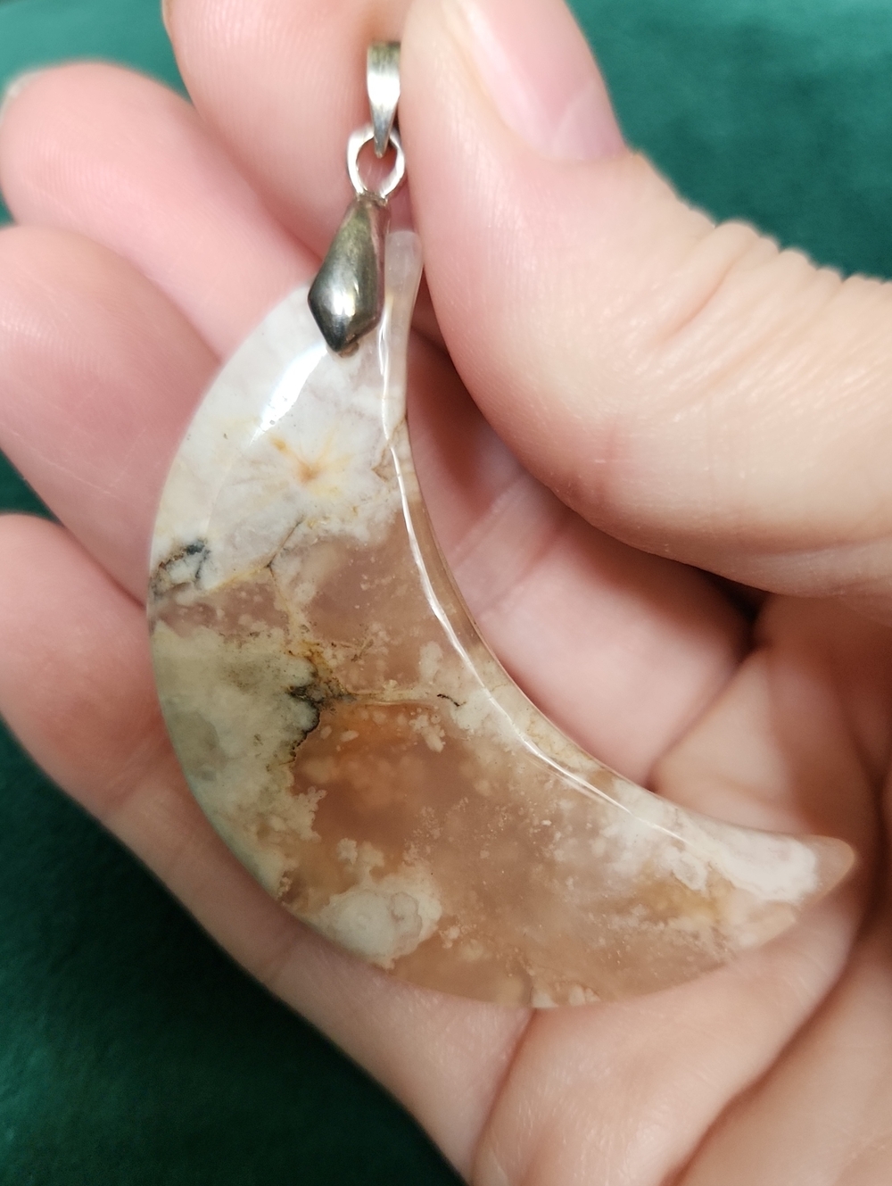 Cherry Blossom Agate Natural Stone Crescent Moon Pendant Necklace